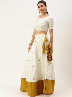 White & Mustard Mirror Work Semi-Stitched Lehenga & Unstitched Blouse With Dupatta 2