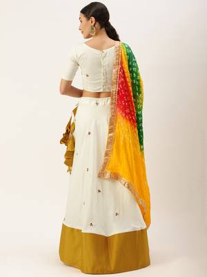 White & Mustard Mirror Work Semi-Stitched Lehenga & Unstitched Blouse With Dupatta 3