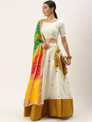 White & Mustard Mirror Work Semi-Stitched Lehenga & Unstitched Blouse With Dupatta 4