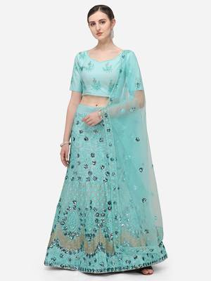 Turquoise Blue Net Embroidered Semi-Stitched Lehenga & Unstitched Blouse with Dupatta 1