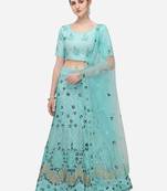 Turquoise Blue Net Embroidered Semi-Stitched Lehenga & Unstitched Blouse with Dupatta