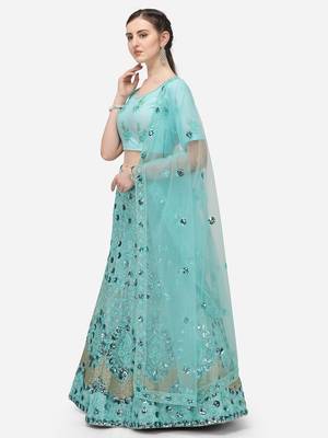 Turquoise Blue Net Embroidered Semi-Stitched Lehenga & Unstitched Blouse with Dupatta 2