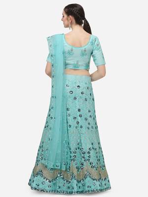 Turquoise Blue Net Embroidered Semi-Stitched Lehenga & Unstitched Blouse with Dupatta 3