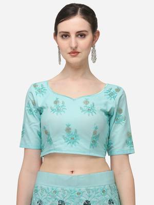 Turquoise Blue Net Embroidered Semi-Stitched Lehenga & Unstitched Blouse with Dupatta 4