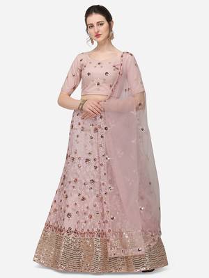 Pink Net Embroidered Semi-Stitched Lehenga & Unstitched Blouse with Dupatta 1