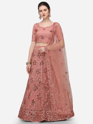 Peach Net Embroidered Semi-Stitched Lehenga & Unstitched Blouse with Dupatta 1