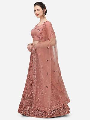 Peach Net Embroidered Semi-Stitched Lehenga & Unstitched Blouse with Dupatta 2