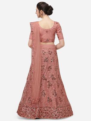 Peach Net Embroidered Semi-Stitched Lehenga & Unstitched Blouse with Dupatta 3
