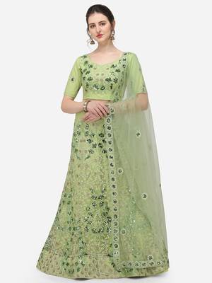 Green Net Embroidered Semi-Stitched Lehenga & Unstitched Blouse with Dupatta 1