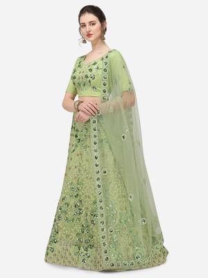 Green Net Embroidered Semi-Stitched Lehenga & Unstitched Blouse with Dupatta 2