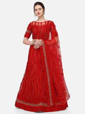 Red Net Embroidered Semi-Stitched Lehenga & Unstitched Blouse with Dupatta 1