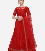 Red Net Embroidered Semi-Stitched Lehenga & Unstitched Blouse with Dupatta