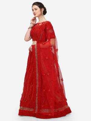 Red Net Embroidered Semi-Stitched Lehenga & Unstitched Blouse with Dupatta 2