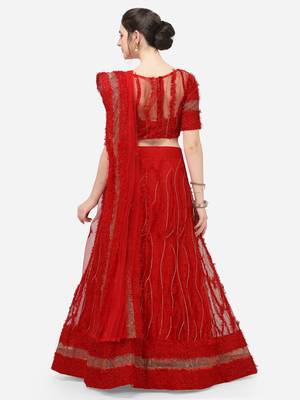 Red Net Embroidered Semi-Stitched Lehenga & Unstitched Blouse with Dupatta 3
