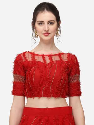 Red Net Embroidered Semi-Stitched Lehenga & Unstitched Blouse with Dupatta 4