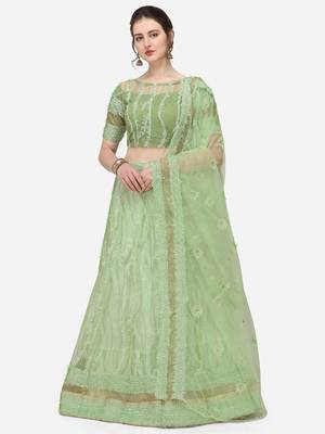 Green Net Embroidered Semi-Stitched Lehenga & Unstitched Blouse with Dupatta 1