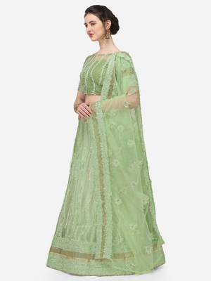 Green Net Embroidered Semi-Stitched Lehenga & Unstitched Blouse with Dupatta 2