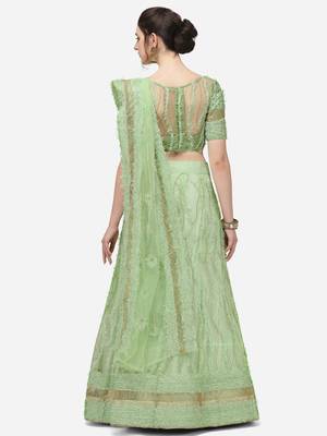 Green Net Embroidered Semi-Stitched Lehenga & Unstitched Blouse with Dupatta 3