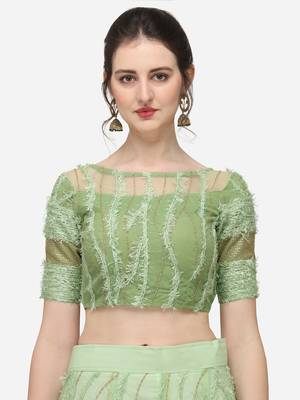 Green Net Embroidered Semi-Stitched Lehenga & Unstitched Blouse with Dupatta 4