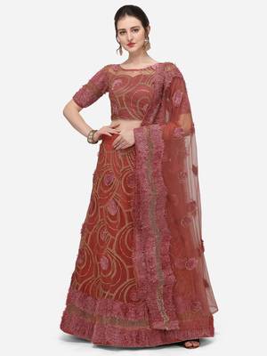 Rose Gold Net Embroidered Semi-Stitched Lehenga & Unstitched Blouse with Dupatta 1