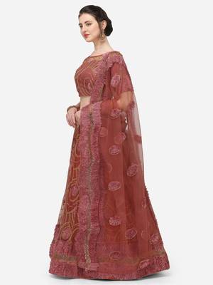 Rose Gold Net Embroidered Semi-Stitched Lehenga & Unstitched Blouse with Dupatta 2
