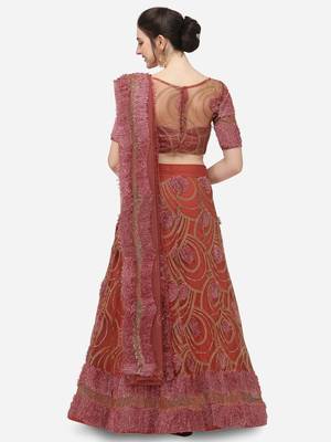 Rose Gold Net Embroidered Semi-Stitched Lehenga & Unstitched Blouse with Dupatta 3