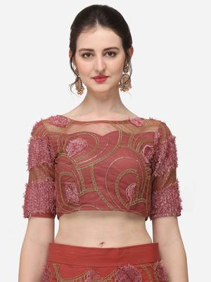 Rose Gold Net Embroidered Semi-Stitched Lehenga & Unstitched Blouse with Dupatta 4