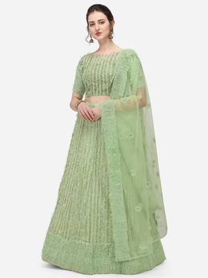 Green Net Embroidered Semi-Stitched Lehenga & Unstitched Blouse with Dupatta 1