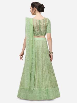 Green Net Embroidered Semi-Stitched Lehenga & Unstitched Blouse with Dupatta 3