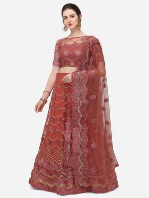 Rose Gold Net Embroidered Semi-Stitched Lehenga & Unstitched Blouse with Dupatta 1