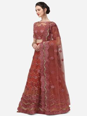 Rose Gold Net Embroidered Semi-Stitched Lehenga & Unstitched Blouse with Dupatta 2