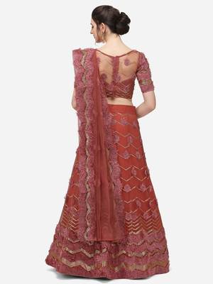 Rose Gold Net Embroidered Semi-Stitched Lehenga & Unstitched Blouse with Dupatta 3