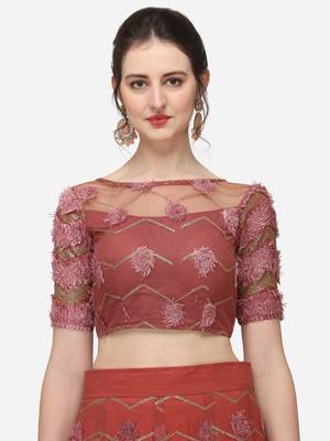 Rose Gold Net Embroidered Semi-Stitched Lehenga & Unstitched Blouse with Dupatta 4