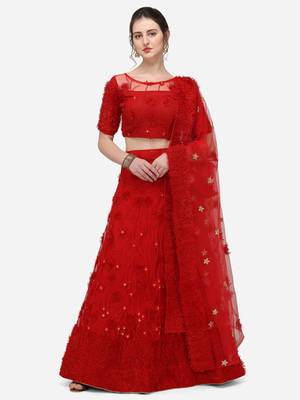 Red Net Embroidered Semi-Stitched Lehenga & Unstitched Blouse with Dupatta 1