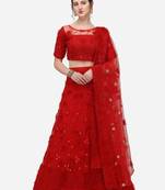 Red Net Embroidered Semi-Stitched Lehenga & Unstitched Blouse with Dupatta