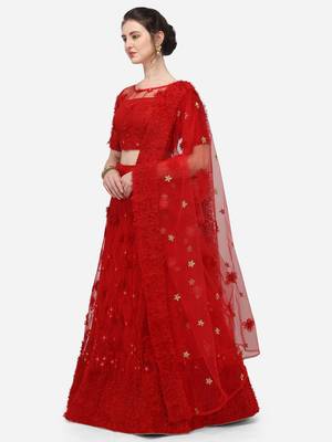 Red Net Embroidered Semi-Stitched Lehenga & Unstitched Blouse with Dupatta 2
