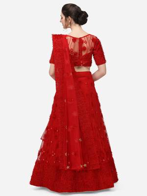Red Net Embroidered Semi-Stitched Lehenga & Unstitched Blouse with Dupatta 3