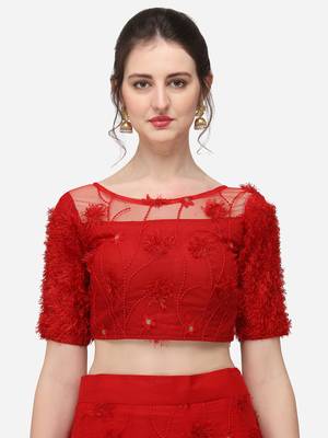 Red Net Embroidered Semi-Stitched Lehenga & Unstitched Blouse with Dupatta 4