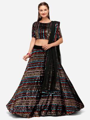 Black Fabric with Multi Sequinned Embroidered Semi-Stitched Lehenga & Unstitched Blouse with Dupatta 1
