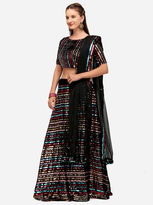 Black Fabric with Multi Sequinned Embroidered Semi-Stitched Lehenga & Unstitched Blouse with Dupatta 3