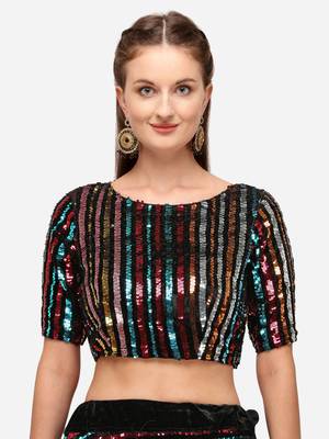 Black Fabric with Multi Sequinned Embroidered Semi-Stitched Lehenga & Unstitched Blouse with Dupatta 4