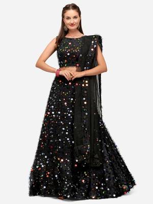 Black Multi Color Sequinned Embroidered Semi-Stitched Lehenga & Unstitched Blouse with Dupatta 1