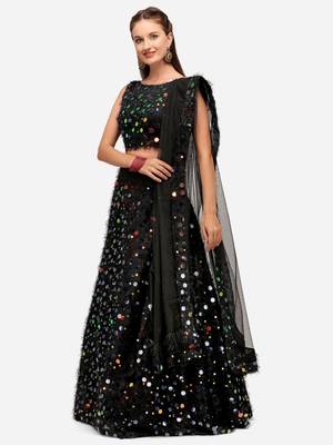 Black Multi Color Sequinned Embroidered Semi-Stitched Lehenga & Unstitched Blouse with Dupatta 3