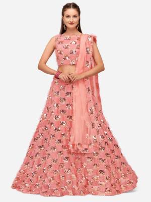 Peach Sequinned Embroidered Semi-Stitched Lehenga & Unstitched Blouse with Dupatta 1
