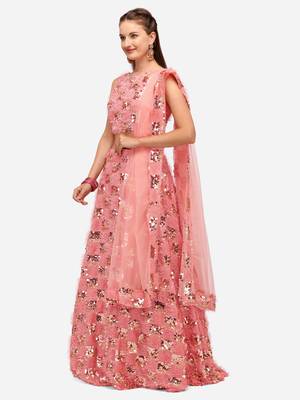 Peach Sequinned Embroidered Semi-Stitched Lehenga & Unstitched Blouse with Dupatta 3