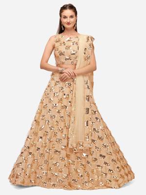Cream Sequinned Embroidered Semi-Stitched Lehenga & Unstitched Blouse with Dupatta 1