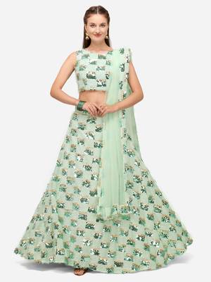 Sea Green Sequinned Embroidered Semi-Stitched Lehenga & Unstitched Blouse with Dupatta 1