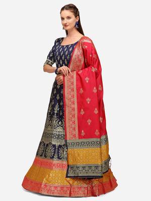Blue Woven Design Semi-Stitched Lehenga & Unstitched Blouse with Dupatta 3