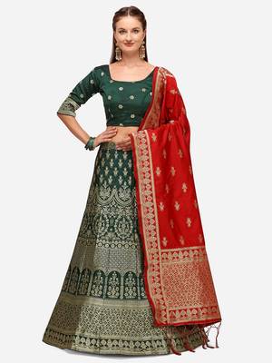 Green Woven Design Semi-Stitched Lehenga & Unstitched Blouse with Dupatta 1