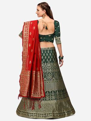 Green Woven Design Semi-Stitched Lehenga & Unstitched Blouse with Dupatta 2